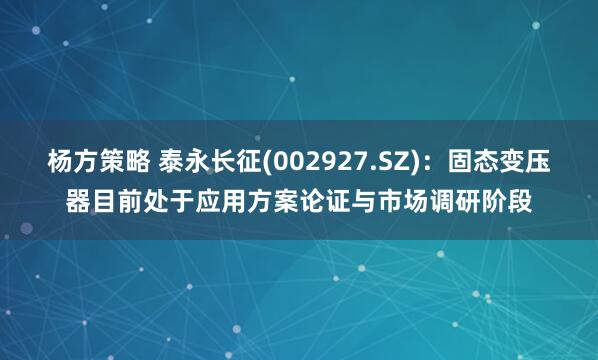 杨方策略 泰永长征(002927.SZ)：固态变压器目前处于应用方案论证与市场调研阶段